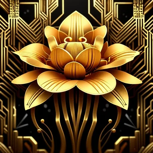 Prompt: Intricate digital portrait of a golden flower, gilded, hyper-detailed, 64K, UHD, HDR, unreal engine, vivid colors, blooms, beautiful, art deco, maze