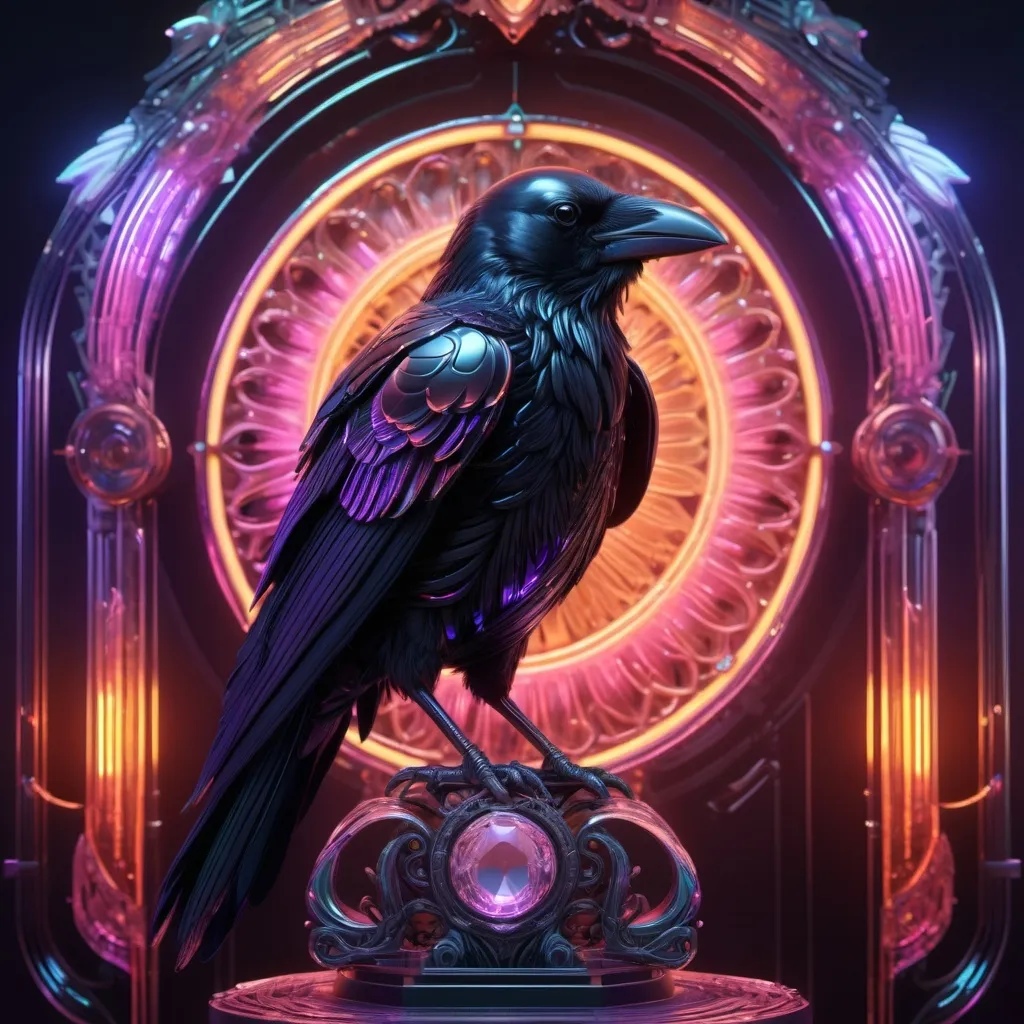 Prompt: a crow, crystal raven, art deco metal, metal, color, ornate, intricate, flowing, neon, led, fractals, hyper-detailed, 64K, UHD, HDR, unreal engine, vivid colors