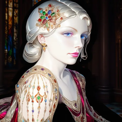 Prompt: Portrait of a Lady, sparkling, ornate, intricate, art deco, hyper-detailed, 64K, UHD, HDR, unreal engine, vivid colors, stained glass