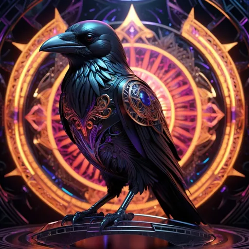 Prompt: a crow, crystal raven, art deco metal, metal, color, ornate, intricate, flowing, neon, led, fractals, hyper-detailed, 64K, UHD, HDR, unreal engine, vivid colors