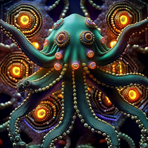 Prompt: beaded octopus, art deco metal, metal, color, led, fractals, hyper-detailed, 64K, UHD, HDR, unreal engine, vivid colors, octopus, maze, flowing