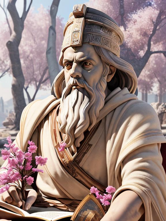 Prompt: A Portrait of Plato, robes, detailed, colorful, award-winning CGI, HD, amazing, scrolls, Trees, roots, Athens