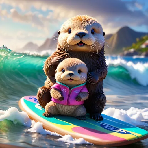 Prompt: Super cute sea Otter with a baby sea otter, on a surfboard, fluffy, adorable, led, hyper-detailed, 64K, UHD, HDR, unreal engine, vivid colors, Ocean, waves, perfect, colorful