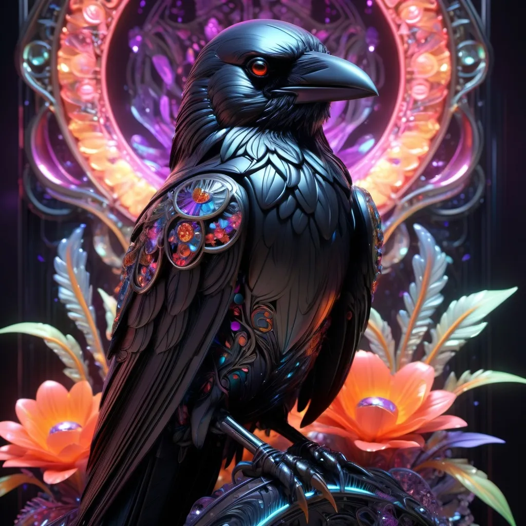 Prompt: a crow, crystal raven, art deco metal, open bubbles, metal, color, flowers, ornate, intricate, flowing, neon, led, fractals, hyper-detailed, 64K, UHD, HDR, unreal engine, vivid colors