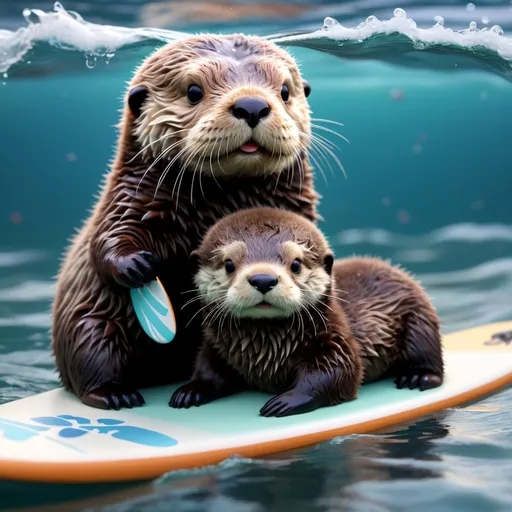 Prompt: Super cute sea Otter with a baby sea otter, on a surfboard, fluffy, adorable, led, hyper-detailed, 64K, UHD, HDR, unreal engine, vivid colors, Ocean, waves, perfect, colorful