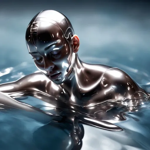 Prompt: A person with transparent skin, floating in liquid metal, sharp 