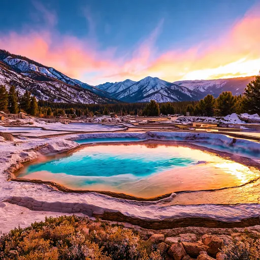 Prompt: A digital landscape of the Mammoth Lakes hot springs, California, Inyo, Mono, sparkling, ornate, sunset background, mountains, intricate, hyper-detailed, 64K, UHD, HDR, unreal engine, vivid colors, hot springs, Wild Willy's Hot Spring