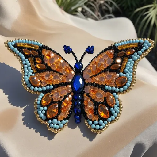 Prompt: Monarch butterfly made of glittering gems, beaded monarch, gilded, HD, pacific Grove