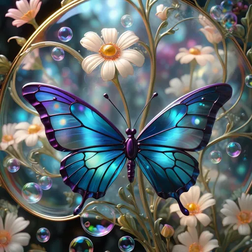 Prompt: a luminous transparent stained glass butterfly, flowers, bubbles, extreme detail, 4k, ultra hd, fantasy art, fractal art, digital painting, radiant, hyper-detailed
