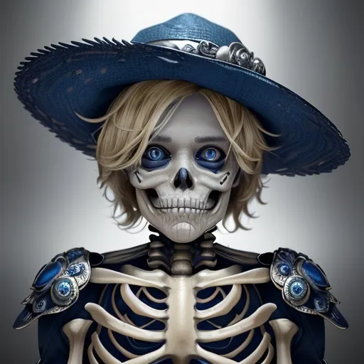 Prompt:  skeleton  kid, sparkling blue eyes, blonde hair, metal, color, dimples, ornate, intricate, hyper-detailed, 64K, UHD, HDR, unreal engine, vivid colors