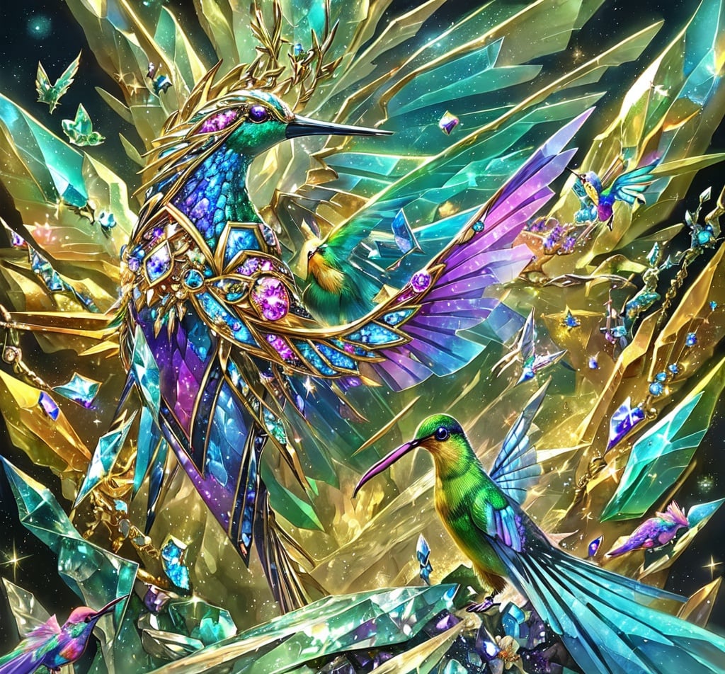 Prompt: A landscape of crystals, sparking, colorful, detailed, fantasy, hummingbird, metallic, diamonds 