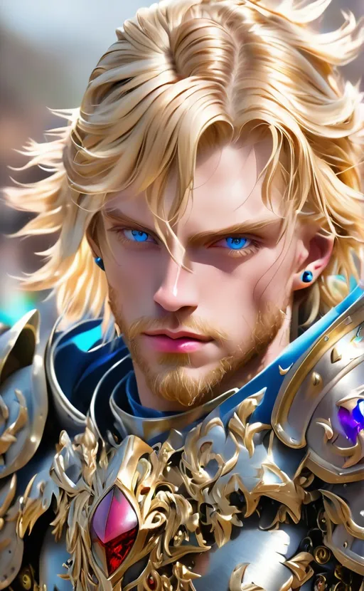 Prompt: Warrior King, blonde hair, blue eyes, metal armor, jewels, detailed, colorful, award-winning CGI, HD, amazing, 