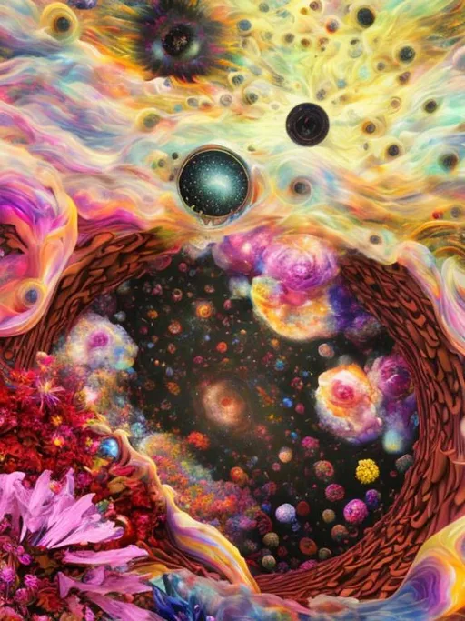 Prompt: Intricate landscape of souls and flowers in a Black Hole, stained glass, event horizon, the universe, hyper-detailed, colorful, Denica, award-winning CGI, HD, outerspace 