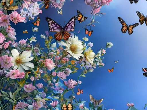 Prompt: Intricate landscape of 1900's Lady, Butterflies and flowers, hyper-detailed, colorful, fantasy, award-winning CGI, HD