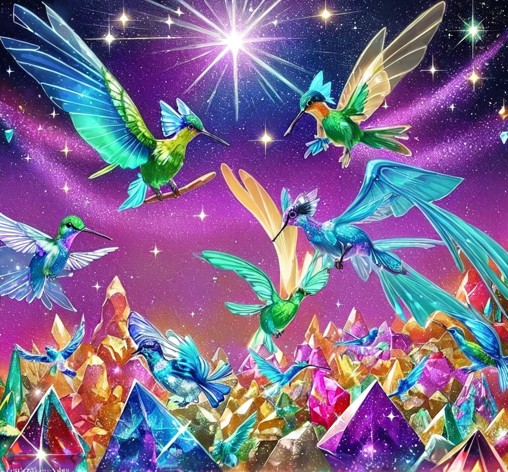 Prompt: A landscape of crystal hummingbirds, sparking, colorful, detailed, fantasy, glitter, metallic, diamonds 