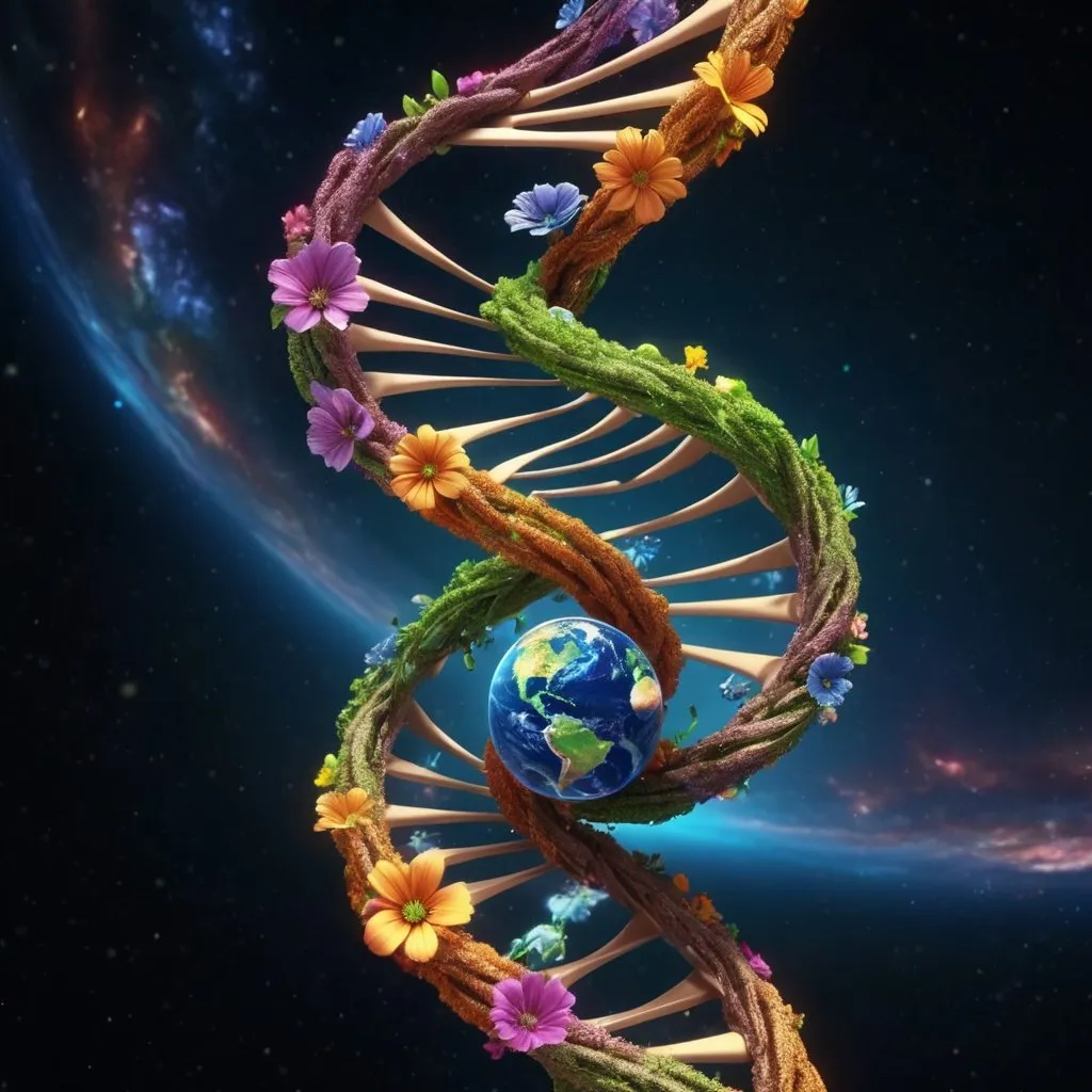 Prompt: Earth turning into a DNA, flowers, twisted, leaves, sparkling, detailed, colorful, award-winning CGI, HD, amazing, space roots, flowing