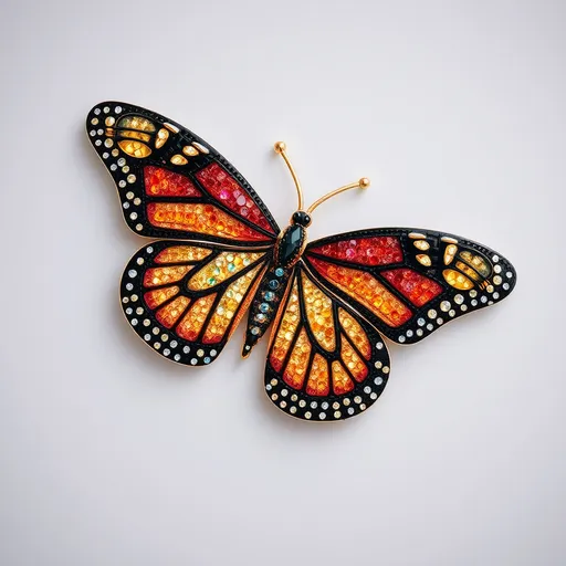 Prompt: Monarch butterfly made of glittering gems, gilded, HD, pacific Grove