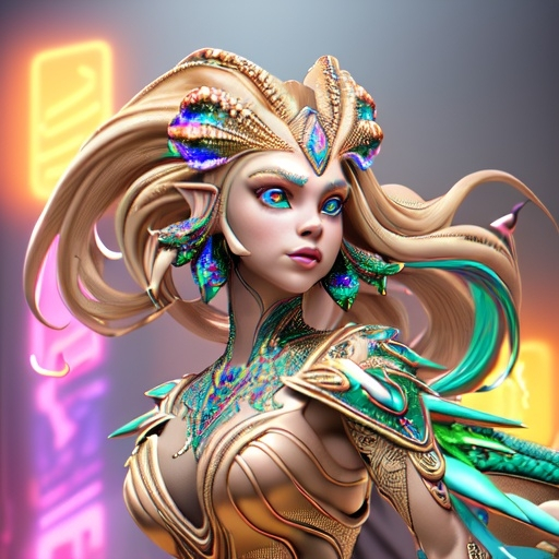 Prompt: Portrait of a lizard lady, blonde flowing hair, full lips, beaded gown, detailed, colorful, award-winning CGI, HD, amazing, led, mist, neon, funny, hyper-detailed, 64K, UHD, HDR, unreal engine, vivid colors, glided, art deco  