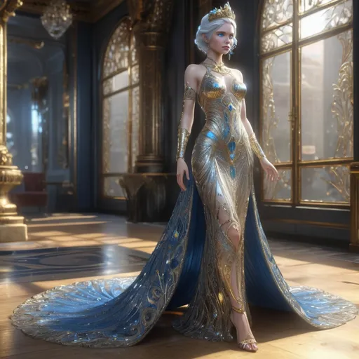 Prompt: Cat queen, blue eyes, full body, intricate transparent gown, gold, and silver, sparkling, ornate, intricate, art deco, hyper-detailed, 64K, UHD, HDR, unreal engine, vivid colors, tail