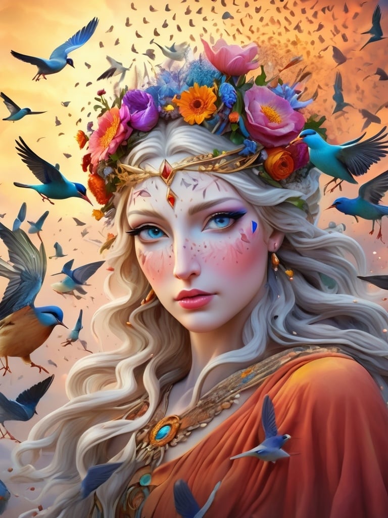 Prompt: Highly detailed Goddess transforming into a murmuration of birds, 3D, detailed, colorful, flowers