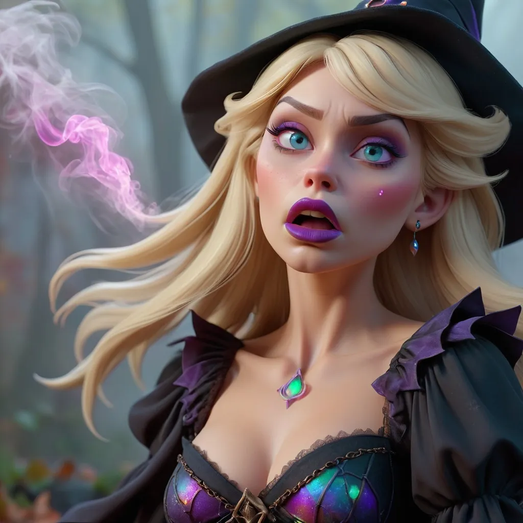 Prompt: Full witch, blonde hair, full lips, bare top, detailed, colorful, award-winning CGI, HD, amazing, led, mist