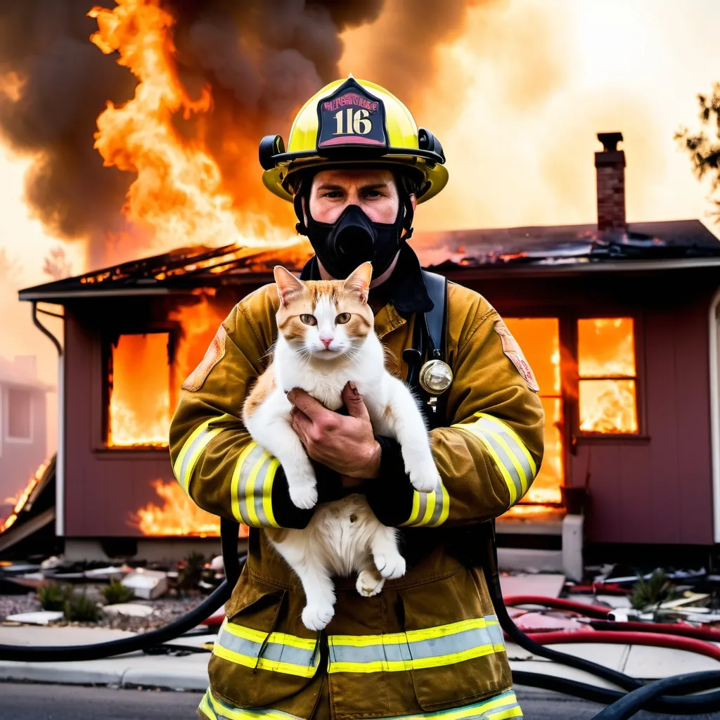 Prompt: A firefighter holding a cat, house in flames behind him, LA, neon, fire