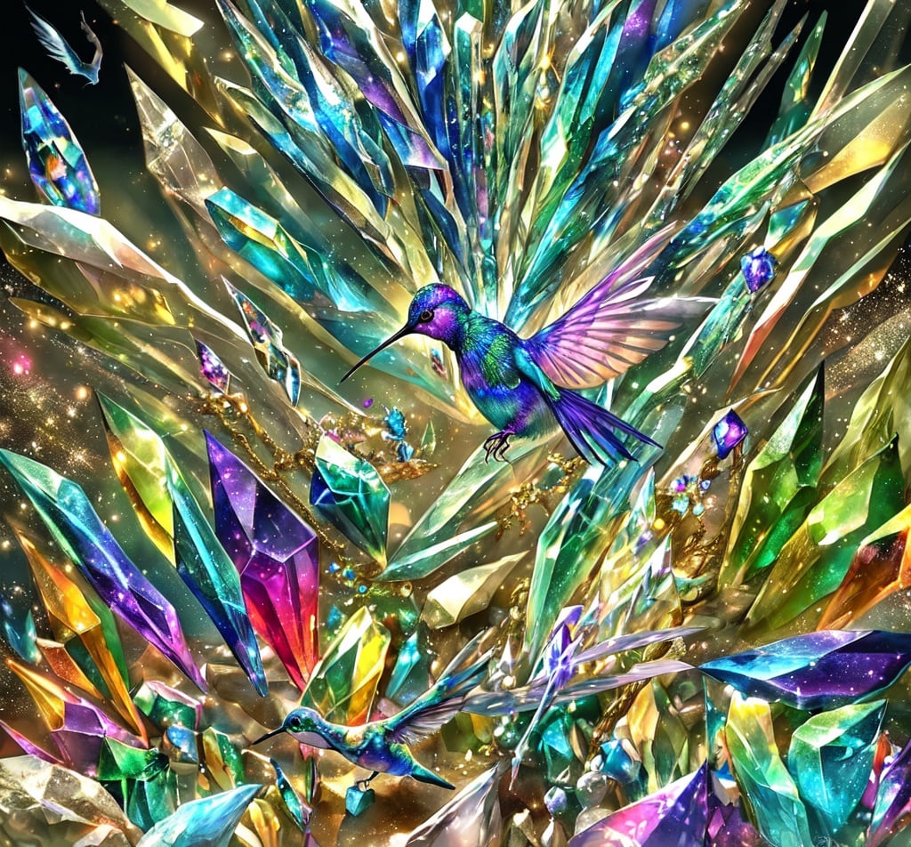Prompt: A landscape of crystals, sparking, colorful, detailed, fantasy, hummingbird, metallic, diamonds 