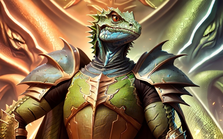 Prompt: Portrait of a lizard knight, hyper-detailed, 64K, UHD, HDR, unreal engine, vivid colors, glided, art deco