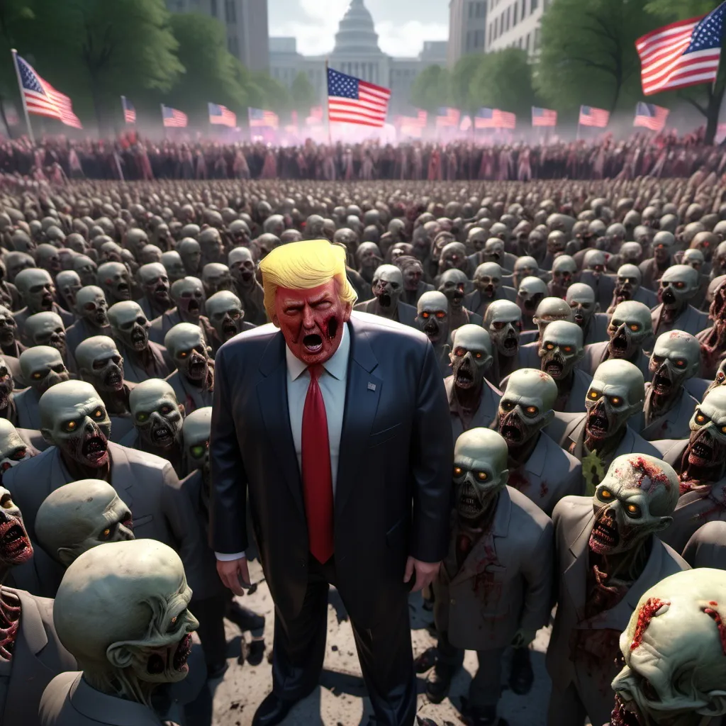 Prompt: intricate zombie political rally, Trump as Dictator, hyper-detailed, 64K, UHD, HDR, unreal engine, vivid colors, evil, zombies