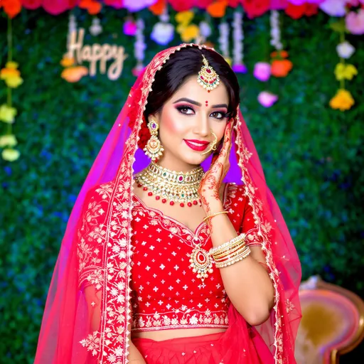 Prompt: Elegantly poised against a backdrop adorned with vibrant flowers, a woman in traditional attire exudes grace and beauty. Her red and pink lehenga, intricately embellished with glistening details, complements the ruby hues of her lips and the delicate jewelry adorning her ears and neck. A sheer red dupatta framed by intricate patterns drapes over her shoulders, enhancing her charming appearance. Henna decorations grace her hands, highlighting her cultural heritage while she subtly poses with her hand against her face, conveying a serene confidence. The lush green backdrop and carefully arranged floral decor create a festive atmosphere, underscoring a moment of celebration in a richly colorful setting.