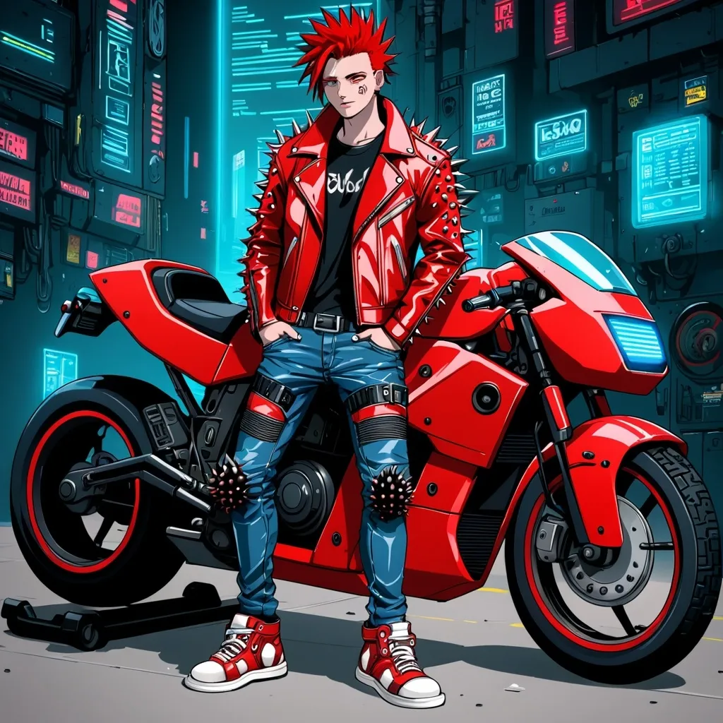 Prompt: anime, very detailed, cyberpunk, man with spiky red hair, red leather jacket, blue jeans, sneakers, wearing a motorcycle helmet, posing with his red motorcycle