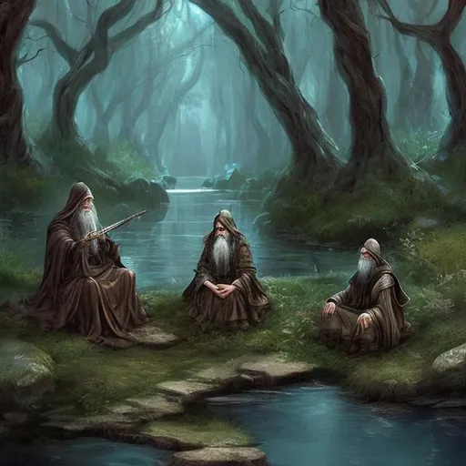 A wise wizard sitting in a mystical forest next to a