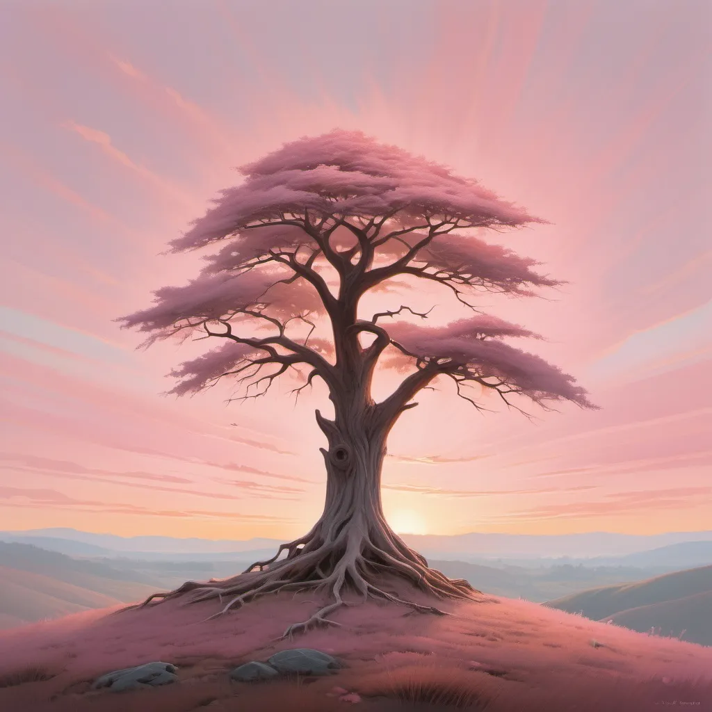 Prompt: An image portraying the message 'Silence is Strength'. The scene depicts a strong, solitary tree standing tall on a peaceful hilltop at dawn. The sky is painted in soft hues of pink and orange, and the landscape is vast and quiet. The tree, with deep roots and a sturdy trunk, symbolizes inner strength, standing alone in the silence. A gentle breeze barely moves the leaves, emphasizing calm and stillness. In the distance, towering mountains rise quietly, reinforcing the idea that silence can be a source of power and resilience, much like nature's strongest elements