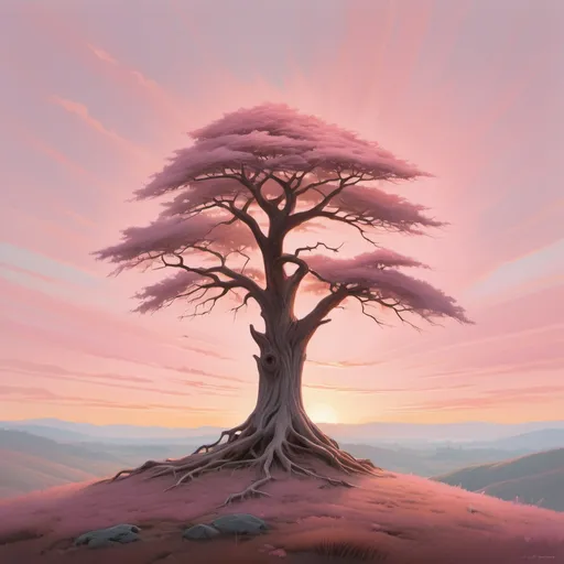 Prompt: An image portraying the message 'Silence is Strength'. The scene depicts a strong, solitary tree standing tall on a peaceful hilltop at dawn. The sky is painted in soft hues of pink and orange, and the landscape is vast and quiet. The tree, with deep roots and a sturdy trunk, symbolizes inner strength, standing alone in the silence. A gentle breeze barely moves the leaves, emphasizing calm and stillness. In the distance, towering mountains rise quietly, reinforcing the idea that silence can be a source of power and resilience, much like nature's strongest elements