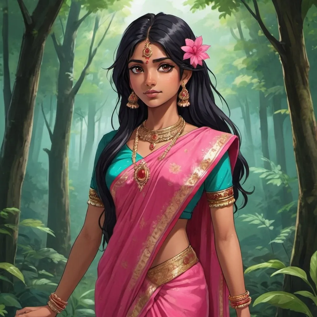 Prompt: create an anime of an indian girl who is from one of the Caribbean islands. She loves wearing beautiful pink and red saree, lots of bangles, anklets and has long black hair, and knee-length. She loves roaming in the forest with animals