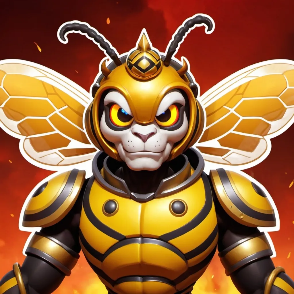 Prompt: Blaze Ironclaw's profile picture features a bold, cartoon-style bee wearing a golden crown. The bee, with bright yellow and black stripes, is set against a fiery red background, symbolizing his fierce gameplay and sharp wit.