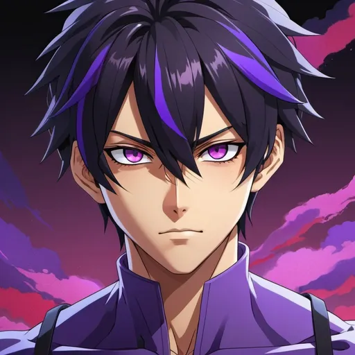 Prompt: Design a vibrant anime character featuring black hair with purple highlights, one red eye, one blue eye, a relaxed, sleepy demeanor, a muscular build, and an irresistible aura, with purple as the dominant color scheme.