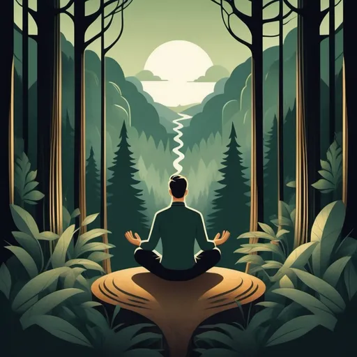 Prompt: Create an image in a art deco style of a man finding inner peace while sitting in the middle of a forest in the Appalachian mountains