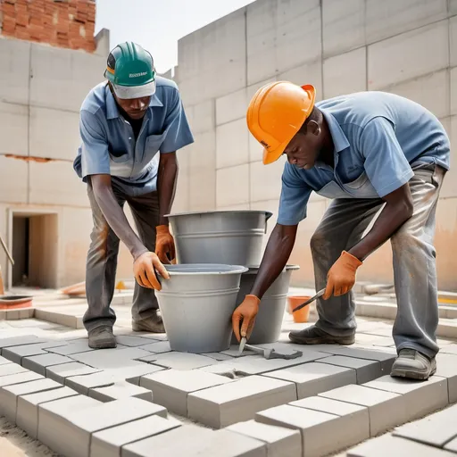 Prompt: two men are working on a construction project in a building site with concrete and cement buckets and cement pavers, Ben Enwonwu, concrete art, hard edges, a jigsaw puzzle