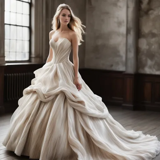 Prompt: Ball gown wedding dress with long streaky blond brown hair