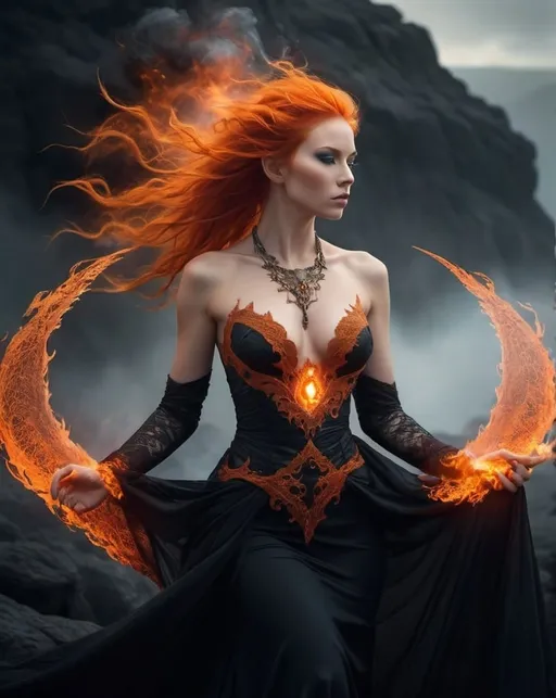 Prompt: A captivating conceptual photograph showcases a dark fantasy goddess of the dragon, exuding an aura of power and command. Her fiery orange hair cascades down her shoulders, complemented by intricate patterns of fire adorning her skin. A magnificent wave of flame engulfs her body, accentuating her majestic presence. The goddess dons a dark, elegant lace gown and a unique pendant necklace, contrasting her fiery appearance. Her intense, powerful gaze seems to hold the very power of the wind, as her eyes pierce through the misty landscape. The sinister, otherworldly atmosphere is enhanced by the misty background, dominated by an active wind of the sky. This enchanting blend of fantasy, conceptual art, and striking photography creates a mesmerizing and unforgettable scene., conceptual art, photo, dark fantasy