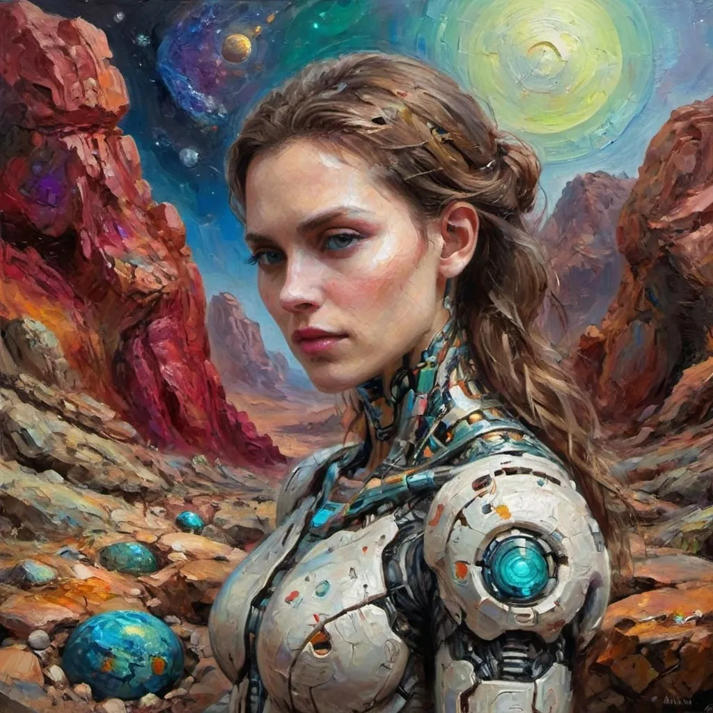 Prompt: android woman intricate detail on a rocky colorful planet misspoken paths lost in translation