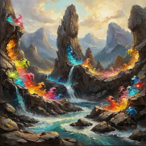 Prompt: a partial formed wave of vibrant cascading light form surrounding a plateau of crazy rock wall swarms of mechanical beings