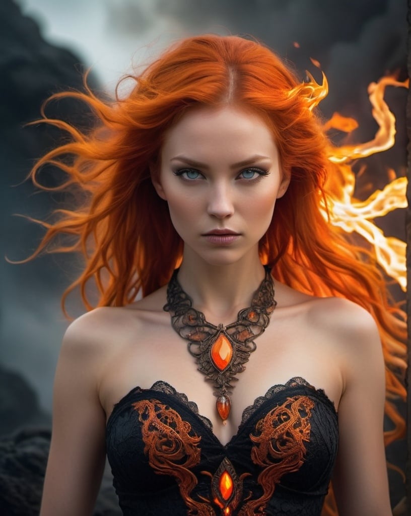 Prompt: A captivating conceptual photograph showcases a dark fantasy goddess of the dragon, exuding an aura of power and command. Her fiery orange hair cascades down her shoulders, complemented by intricate patterns of fire adorning her skin. A magnificent wave of flame engulfs her body, accentuating her majestic presence. The goddess dons a dark, elegant lace gown and a unique pendant necklace, contrasting her fiery appearance. Her intense, powerful gaze seems to hold the very power of the wind, as her eyes pierce through the misty landscape. The sinister, otherworldly atmosphere is enhanced by the misty background, dominated by an active wind of the sky. This enchanting blend of fantasy, conceptual art, and striking photography creates a mesmerizing and unforgettable scene., conceptual art, photo, dark fantasy