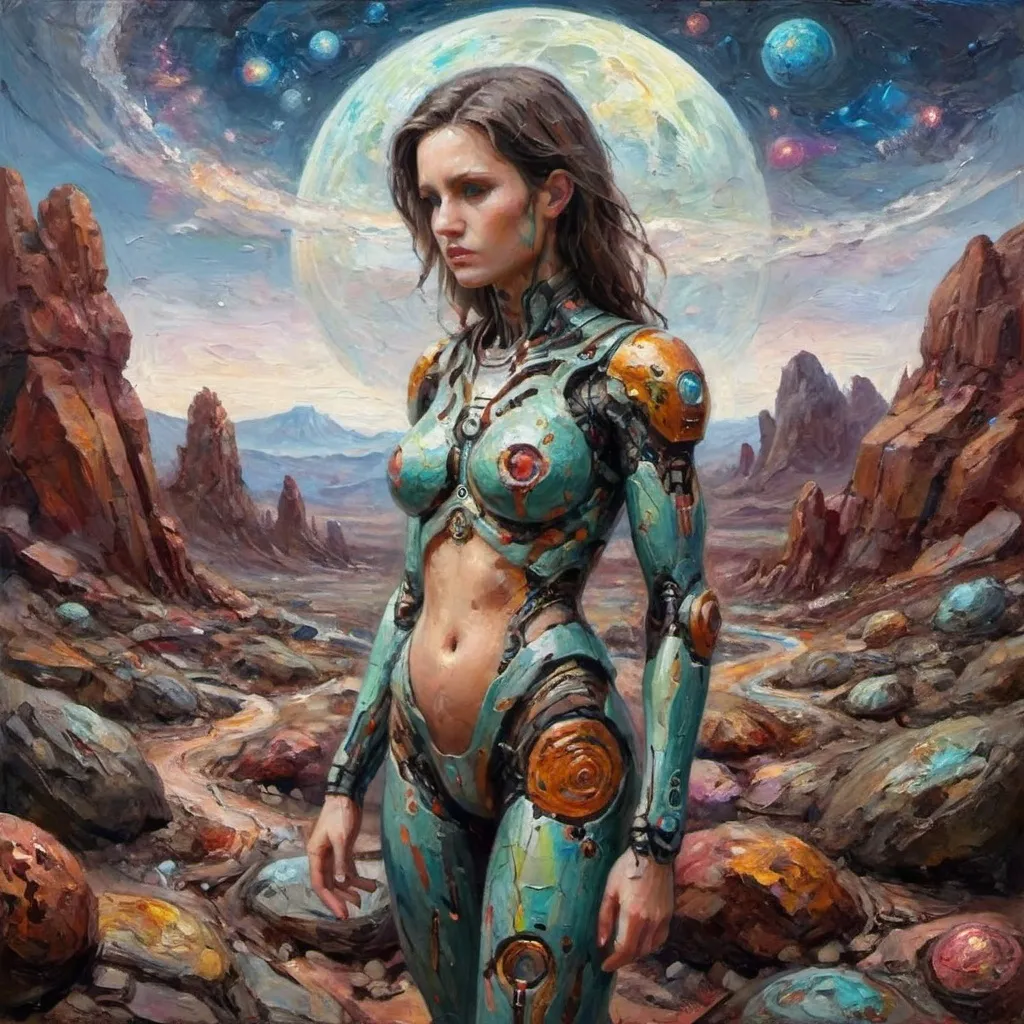 Prompt: android woman intricate detail on a rocky colorful planet misspoken paths lost in translation