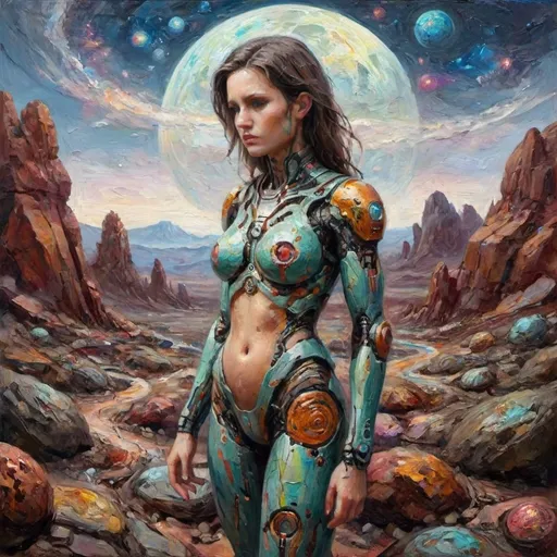 Prompt: android woman intricate detail on a rocky colorful planet misspoken paths lost in translation