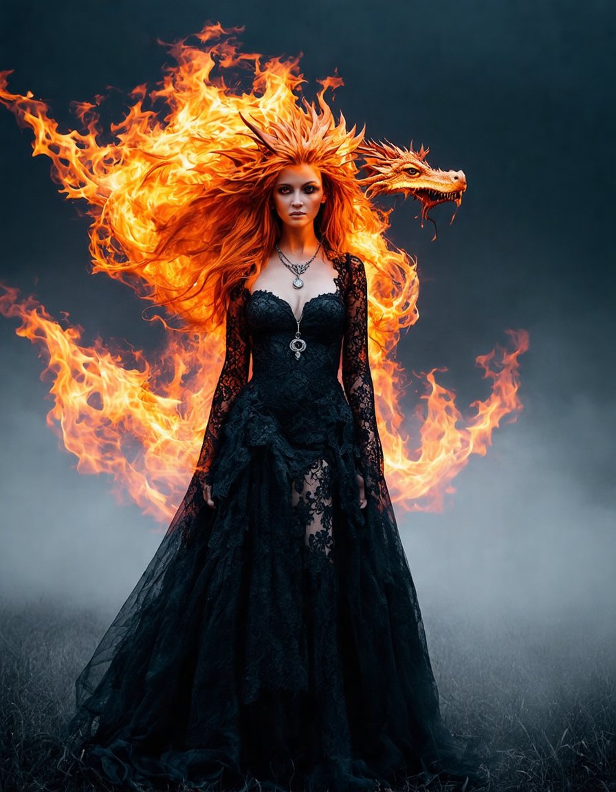 Prompt: A captivating conceptual photograph showcases a dark fantasy goddess of the dragon, exuding an aura of power and command. Her fiery orange hair cascades down her shoulders, complemented by intricate patterns of fire adorning her skin. A magnificent wave of flame engulfs her body, accentuating her majestic presence. The goddess dons a dark, elegant lace gown and a unique pendant necklace, contrasting her fiery appearance. Her intense, powerful gaze seems to hold the very power of the wind, as her eyes pierce through the misty landscape. The sinister, otherworldly atmosphere is enhanced by the misty background, dominated by an active wind of the sky. This enchanting blend of fantasy, conceptual art, and striking photography creates a mesmerizing and unforgettable scene., conceptual art, photo, dark fantasy