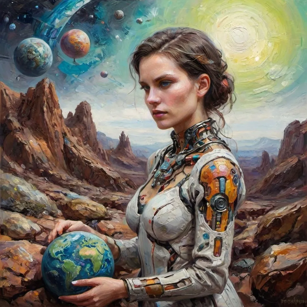 Prompt: android woman intricate detail on a rocky colorful planet misspoken paths lost in translation