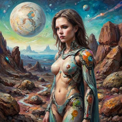 Prompt: android woman intricate detail on a rocky colorful planet misspoken paths lost in translation