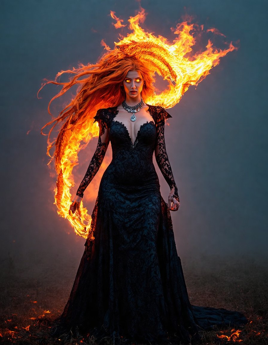 Prompt: A captivating conceptual photograph showcases a dark fantasy goddess of the dragon, exuding an aura of power and command. Her fiery orange hair cascades down her shoulders, complemented by intricate patterns of fire adorning her skin. A magnificent wave of flame engulfs her body, accentuating her majestic presence. The goddess dons a dark, elegant lace gown and a unique pendant necklace, contrasting her fiery appearance. Her intense, powerful gaze seems to hold the very power of the wind, as her eyes pierce through the misty landscape. The sinister, otherworldly atmosphere is enhanced by the misty background, dominated by an active wind of the sky. This enchanting blend of fantasy, conceptual art, and striking photography creates a mesmerizing and unforgettable scene., conceptual art, photo, dark fantasy